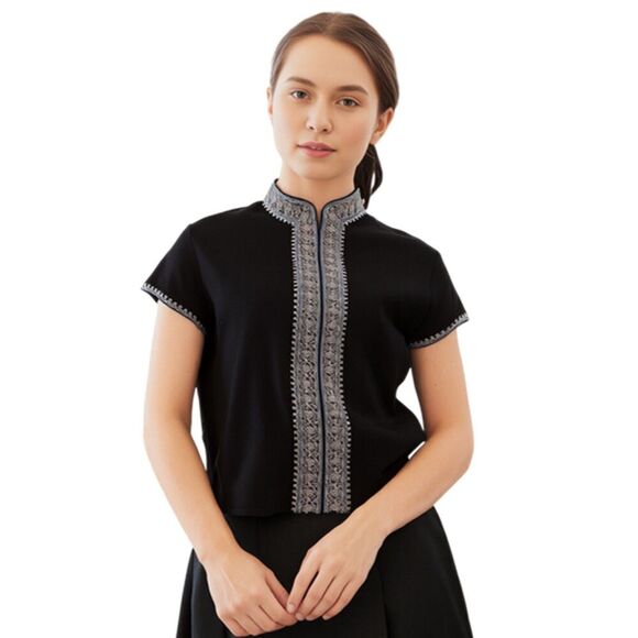 Embroidered Black & Silver Vintage Mandurian Collar Top Size M - Picture 1 of 10